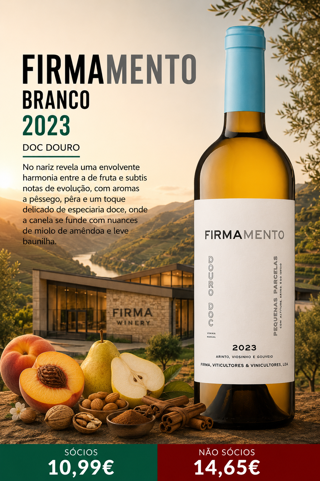 DOC Douro

No nariz revela uma envolvente harmonia entre a de fruta e subtis notas de evolução, com aromas a pêssego, pêra e um toque delicado de especiaria doce, onde a canela se funde com nuances de miolo de amêndoa e leve baunilha.

Na boca, destaca-se pela frescura e pela excelente concentração de sabores, confirmando as notas aromáticas e acrescentando um leve traço de mel e frutos secos. Um branco encorpado, elegante e de grande persistência.