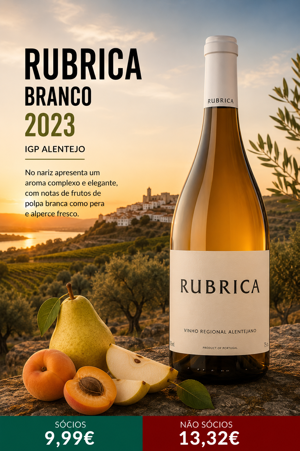 IGP Alentejo
No nariz apresenta um aroma complexo e elegante, com notas de frutos de polpa branca como pera e alperce fresco.
Na boca é rico em fruta fresca com bom volume. As notas são de flores brancas maceradas, típicas da casta viognier. Excelente acidez, que se prolonga até ao final, dando-lhe grande frescura e persistência.