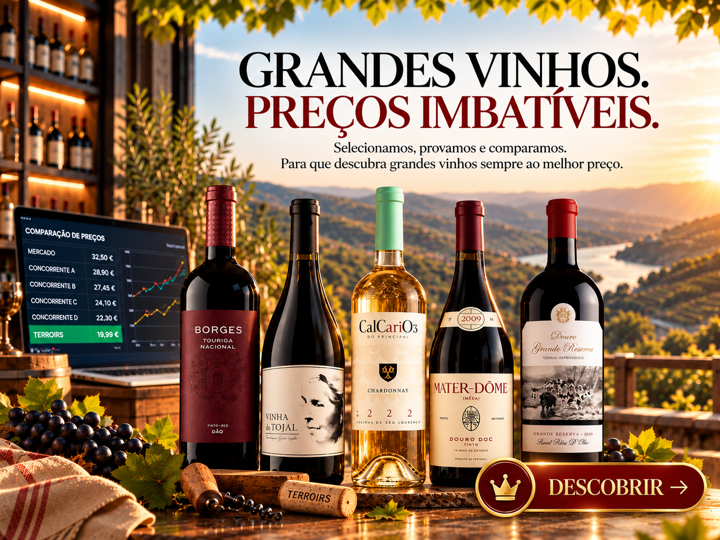 Imagem promocional do Clube Terroirs com cinco garrafas de vinho em destaque sobre uma mesa rústica, incluindo vinhos tintos e um branco Chardonnay. Ao fundo, uma paisagem vinícola do Douro ao pôr do sol e um computador com um gráfico de comparação de preços entre concorrentes e a Terroirs. No topo, a mensagem «Grandes Vinhos. Preços Imbatíveis.» destaca a seleção criteriosa de vinhos e a política de preços competitivos do clube.