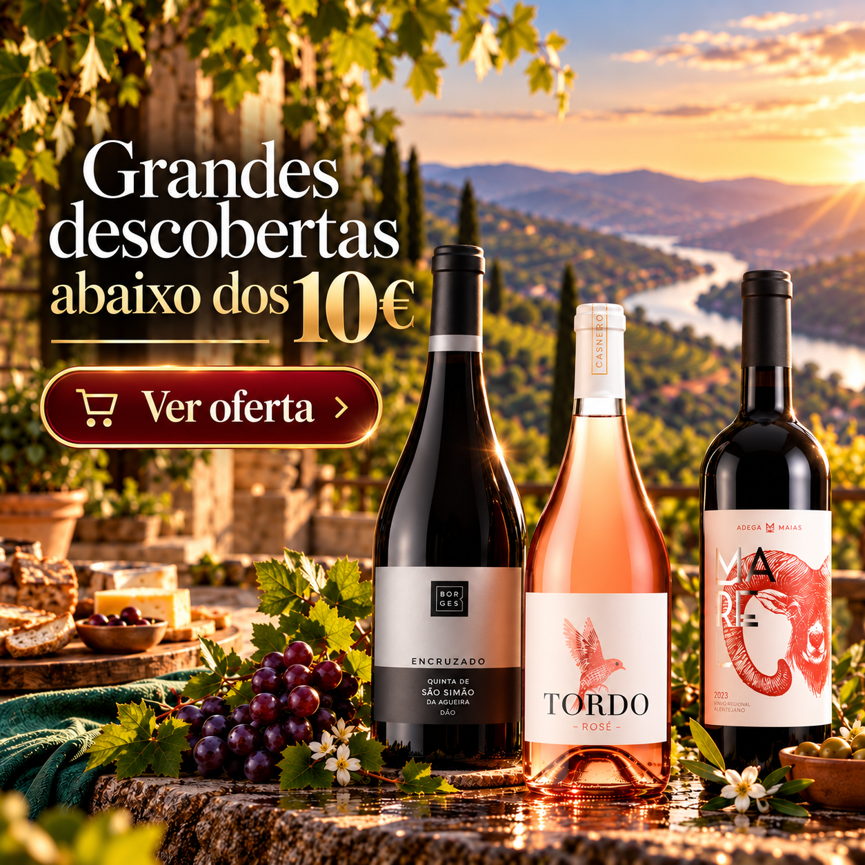 Descubra grandes vinhos abaixo dos 10€ no Clube Terroirs. Três garrafas de vinho branco, rosé e tinto sobre uma mesa rústica, com uvas e petiscos, numa paisagem vinícola ao pôr do sol. Destaque para a mensagem «Grandes descobertas abaixo dos 10€» e botão «Ver oferta». Grandes vinhos a preços imbatíveis em www.terroirs.pt.