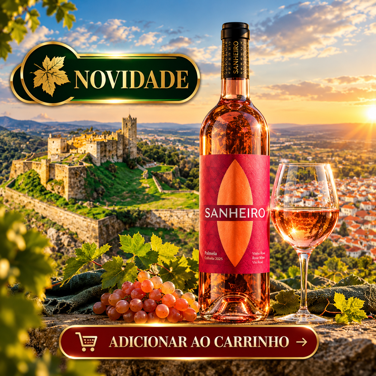 Garrafa de vinho Sanheiro Rosé 2025, da região de Palmela, em destaque sobre uma mesa rústica, acompanhada por um copo de vinho rosé e uvas frescas. Ao fundo, o Castelo de Palmela surge numa paisagem panorâmica iluminada pelo pôr do sol. A composição promocional do Clube Terroirs apresenta a inscrição «Novidade» e o botão «Adicionar ao Carrinho».